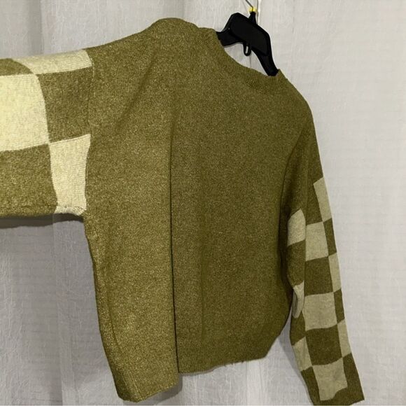 blu pepper XL Olive Moth Green Heather Knit Crew Checker Sleeve Boxy Sweater - Picture 10 of 15